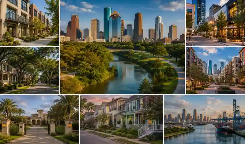 Houston neighborhoods showcasing downtown, River Oaks, The Heights, Midtown, waterfronts, and vibrant residential communities.